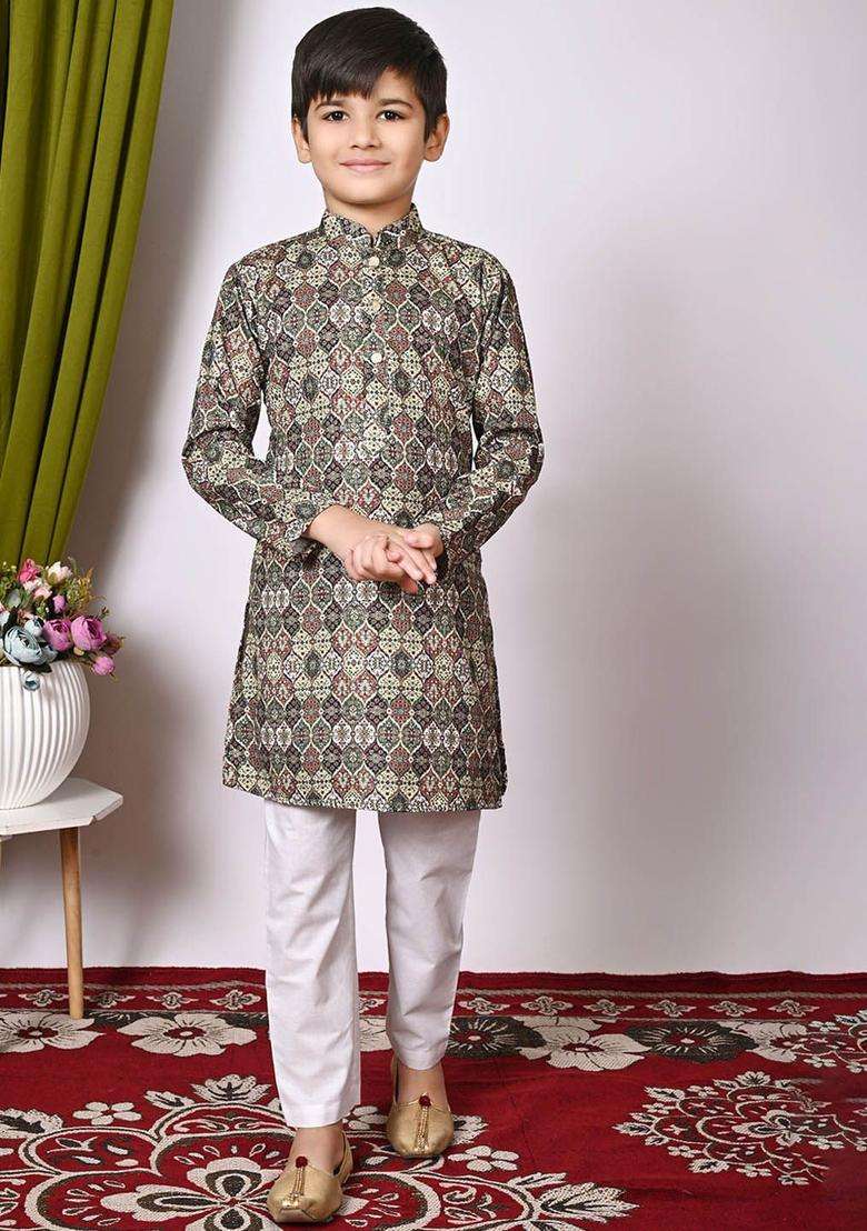 Grey Printed Cotton Kurta Set For Boys - Indya