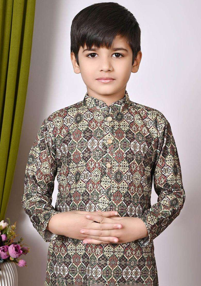 Grey Printed Cotton Kurta Set For Boys - Indya