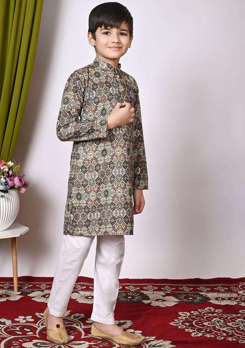 Grey Printed Cotton Kurta Set For Boys - Indya