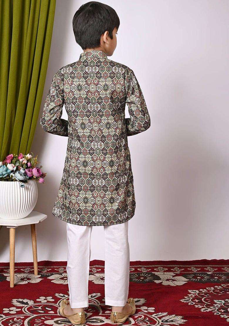 Grey Printed Cotton Kurta Set For Boys - Indya