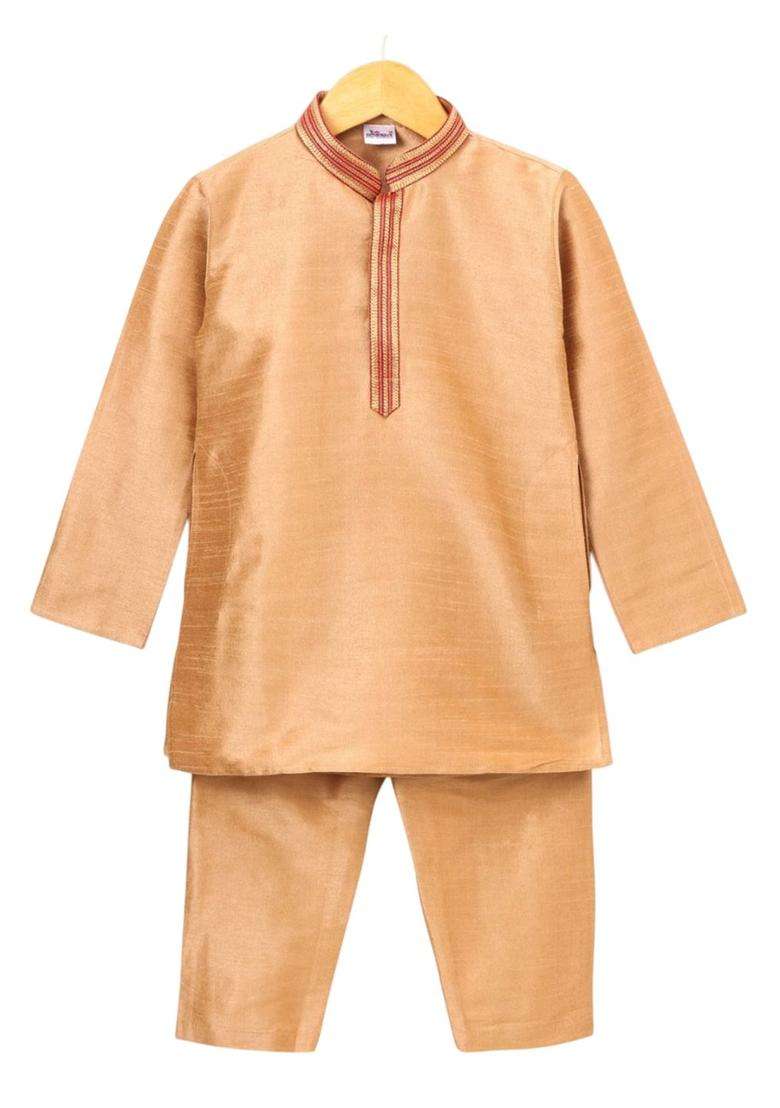 Gold Solid Cotton Kurta Set For Boys - Indya