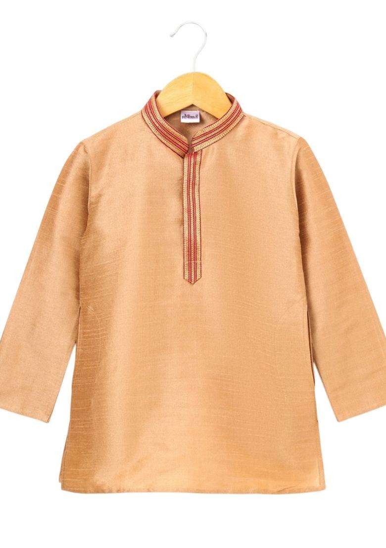 Gold Solid Cotton Kurta Set For Boys - Indya