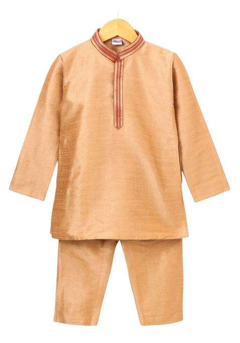 Gold Solid Cotton Kurta Set For Boys