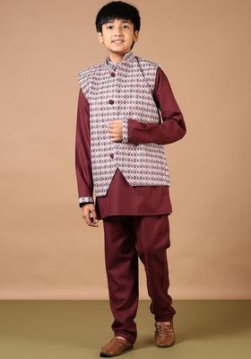 Maroon Solid Polyester Kurta Set For Boys