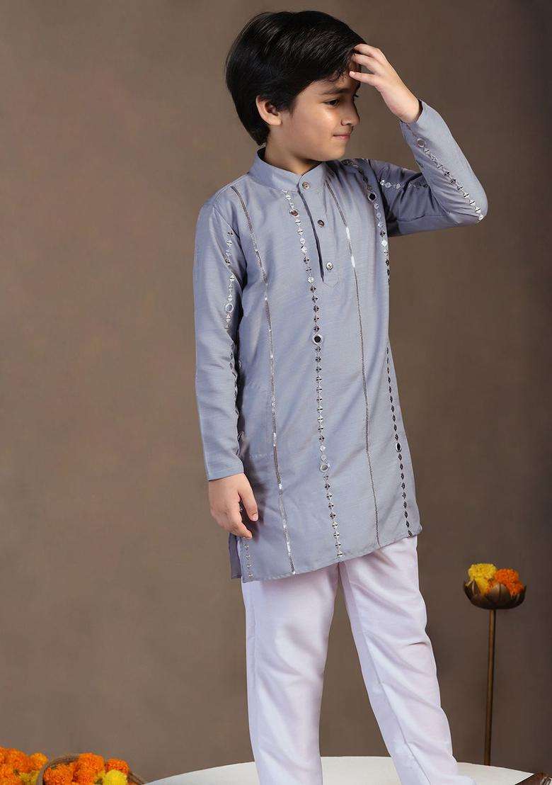 Grey Embroidered Cotton Kurta Set For Boys - Indya