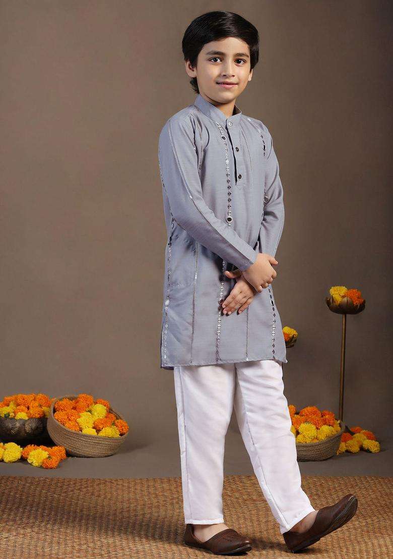 Grey Embroidered Cotton Kurta Set For Boys - Indya