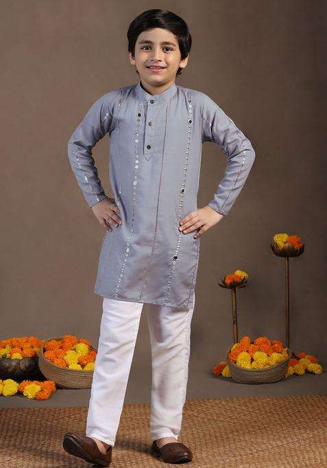 Grey Embroidered Cotton Kurta Set For Boys