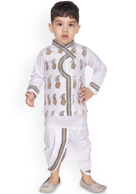 White Printed Cotton Kurta Set For Boys — view on Indya