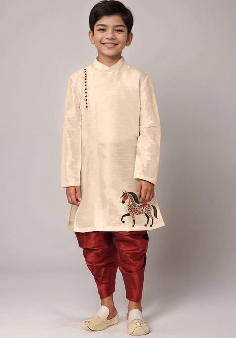 Beige Printed Silk Kurta Set For Boys — view on Indya