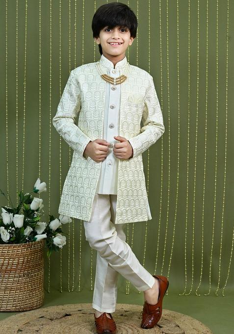Cream Woven Design Viscose Kurta Set For Boys — view on Indya
