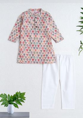 Red Printed Polyester Kurta Set For Boys
