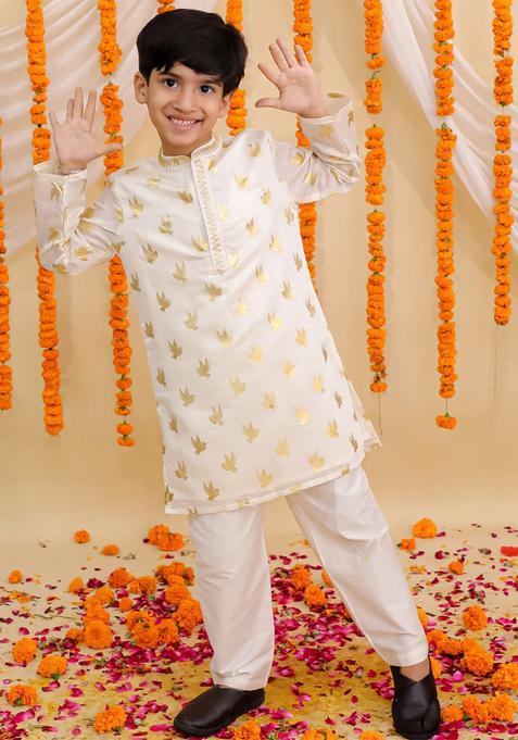 Off White Printed Chanderi Kurta Set For Boys — view on Indya