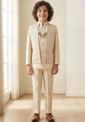Cream Embroidered Viscose Kurta Set For Boys