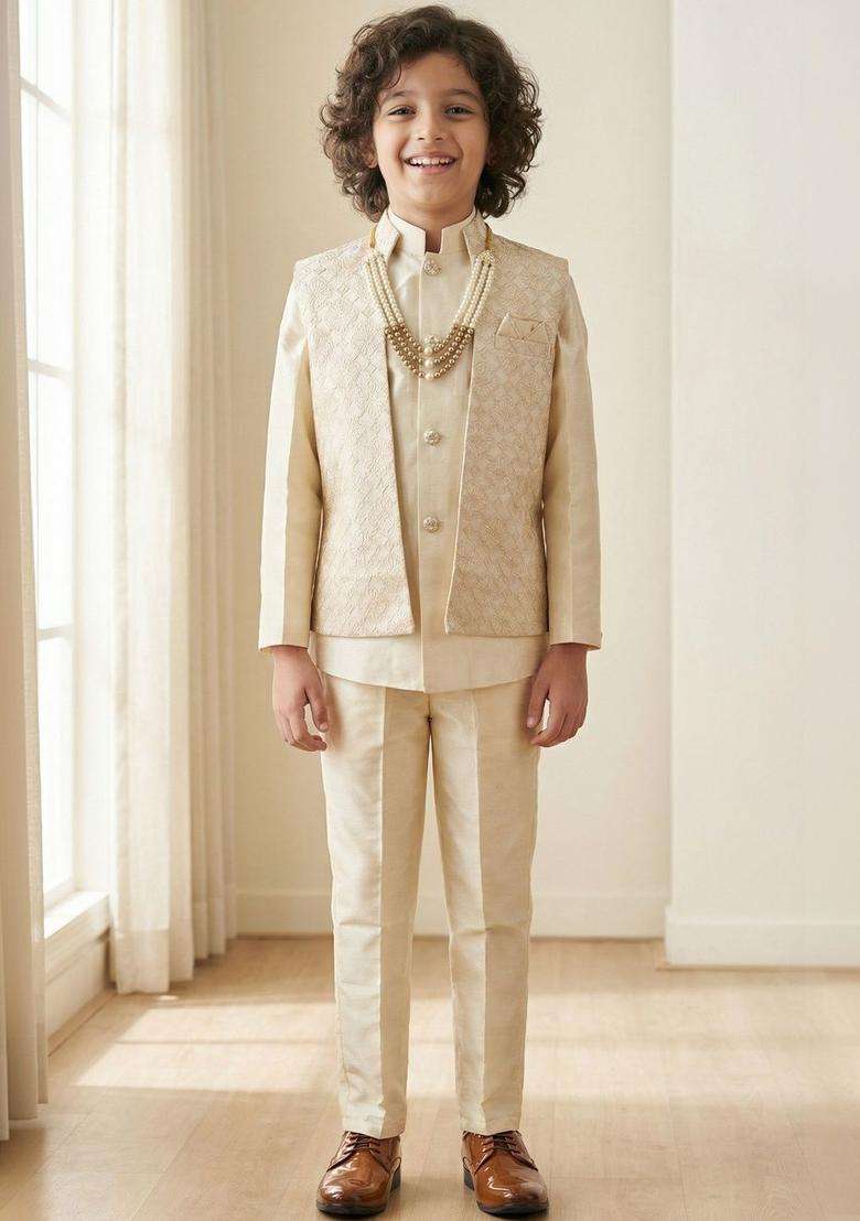 Cream Embroidered Viscose Kurta Set For Boys - Indya
