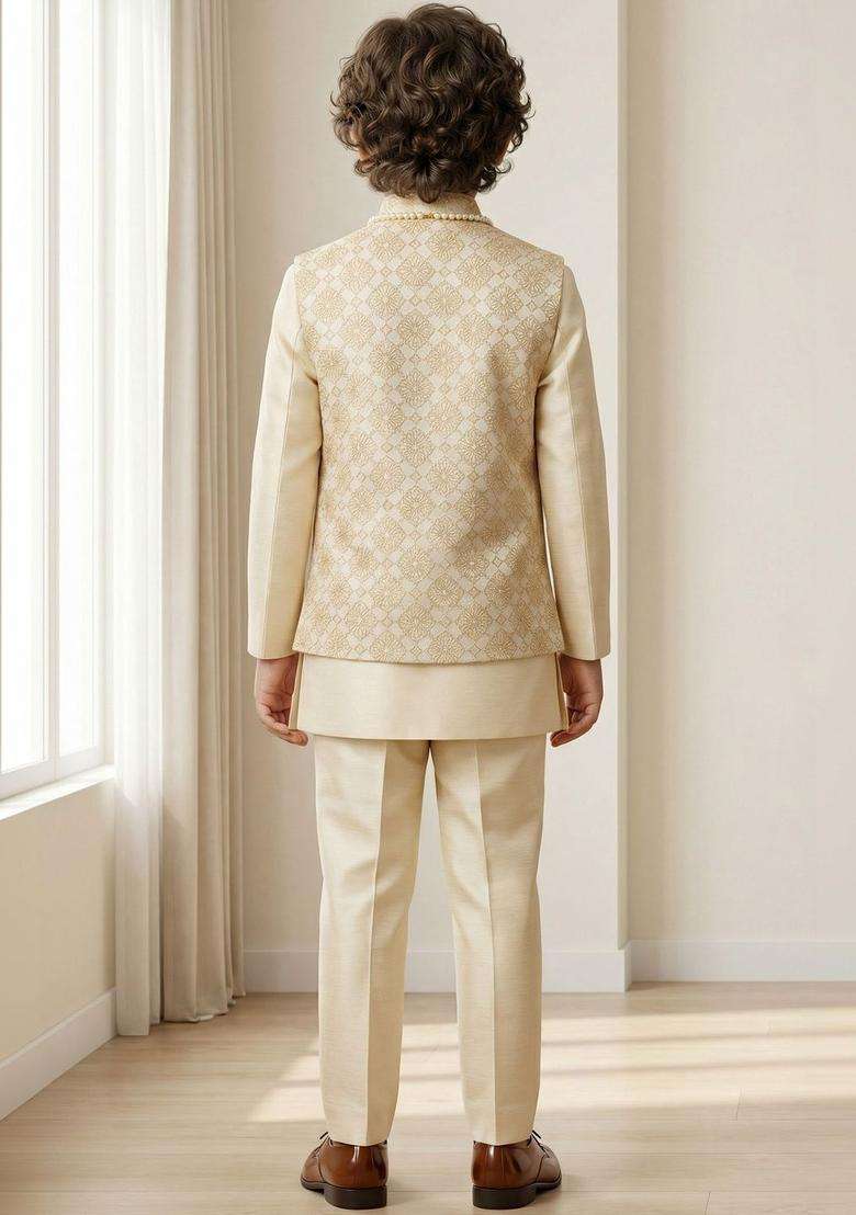 Cream Embroidered Viscose Kurta Set For Boys - Indya
