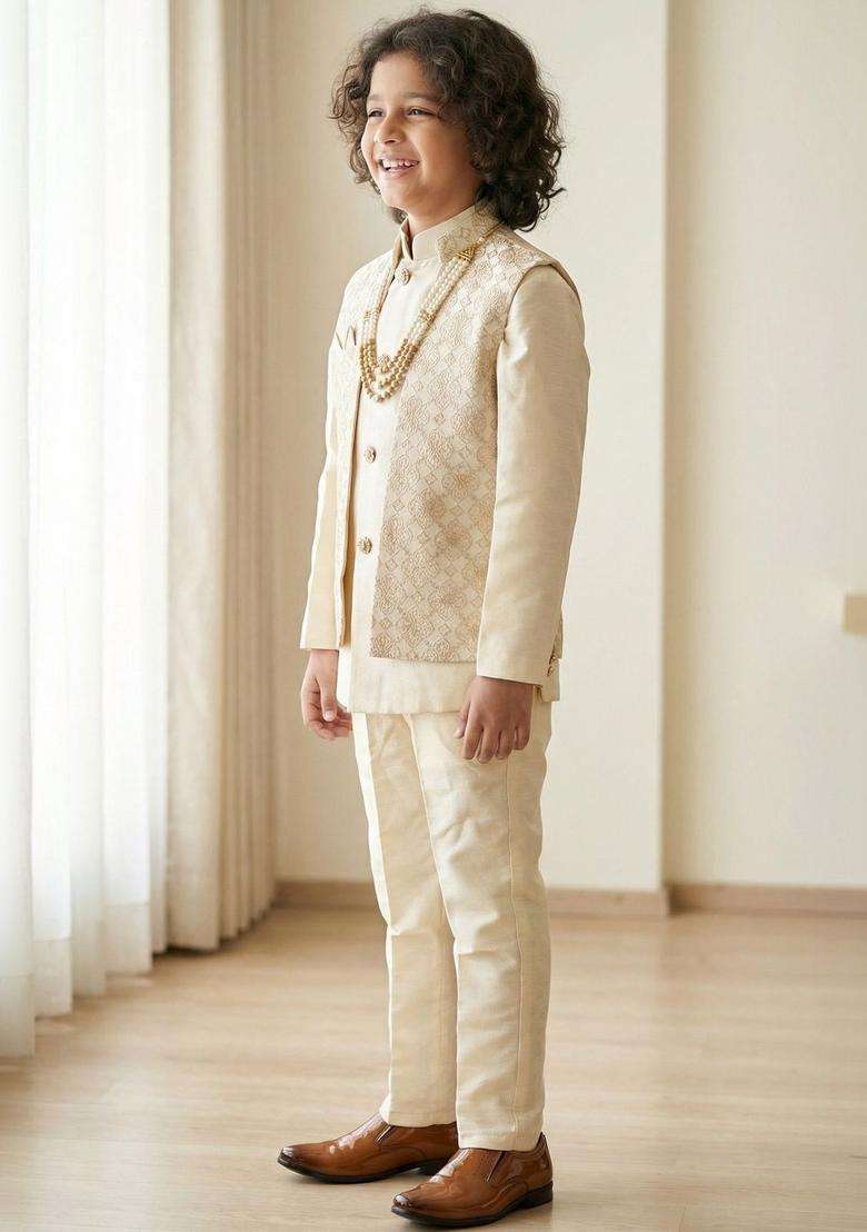 Cream Embroidered Viscose Kurta Set For Boys - Indya