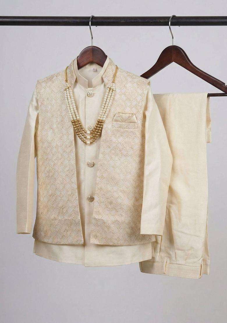 Cream Embroidered Viscose Kurta Set For Boys - Indya