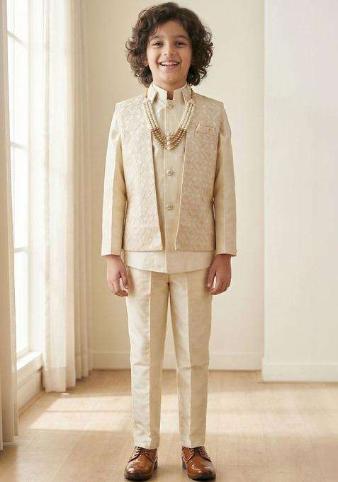 Cream Embroidered Viscose Kurta Set For Boys