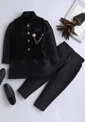Black Embroidered Velvet Kurta Set For Boys