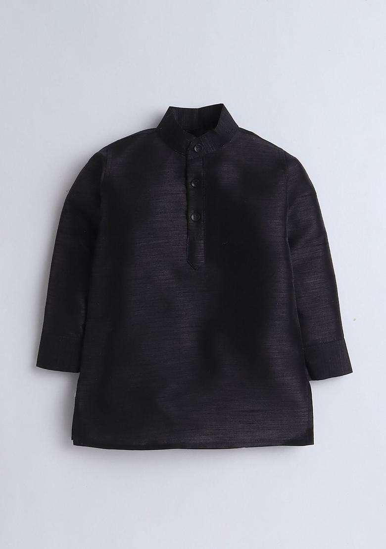 Black Embroidered Velvet Kurta Set For Boys - Indya