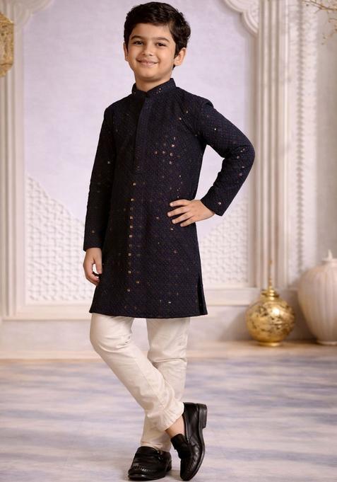 Navy Blue Embroidered Cotton Kurta Set For Boys — view on Indya
