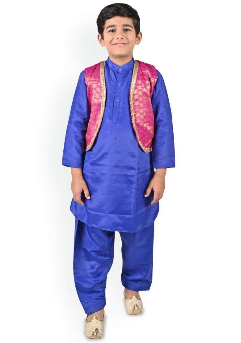 Blue Solid Satin Kurta Set For Boys - Indya