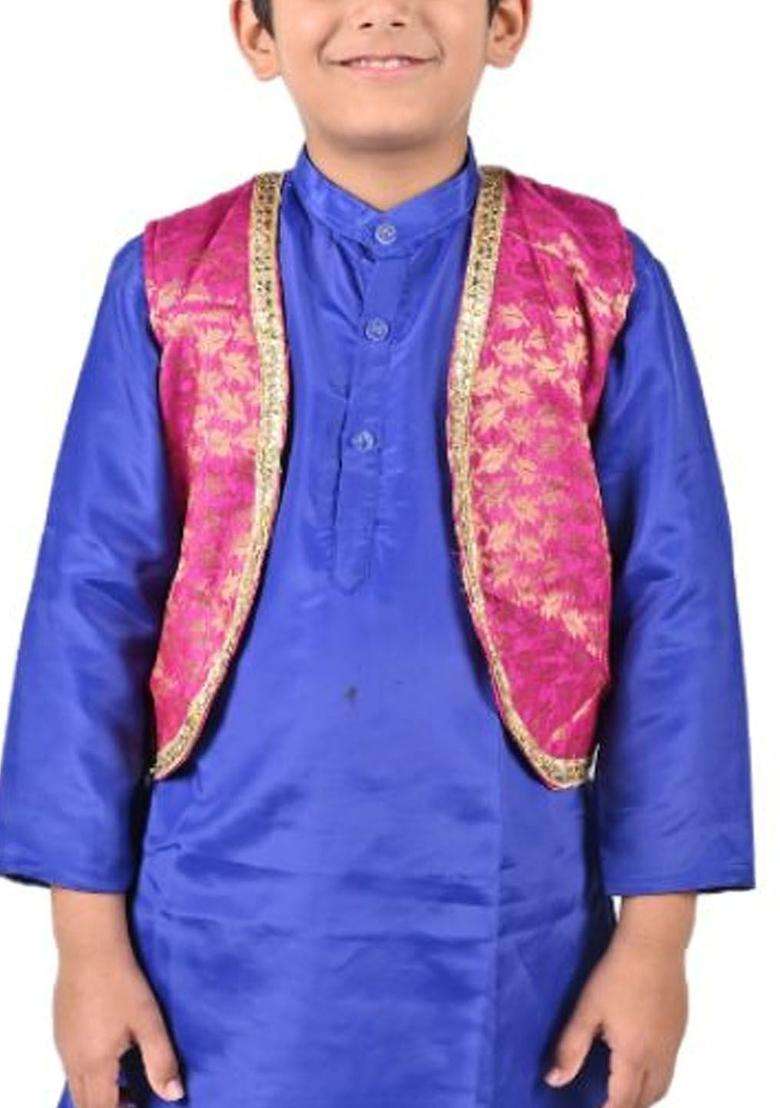 Blue Solid Satin Kurta Set For Boys - Indya