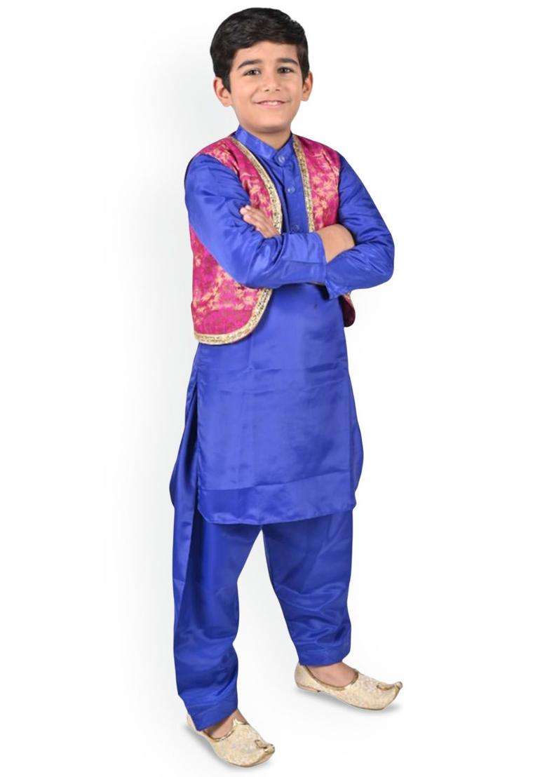 Blue Solid Satin Kurta Set For Boys - Indya