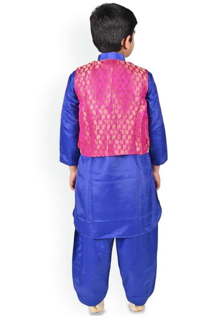 Blue Solid Satin Kurta Set For Boys - Indya
