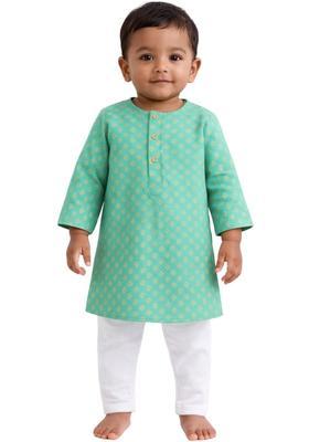 Green Woven Design Silk Kurta Set For Boys
