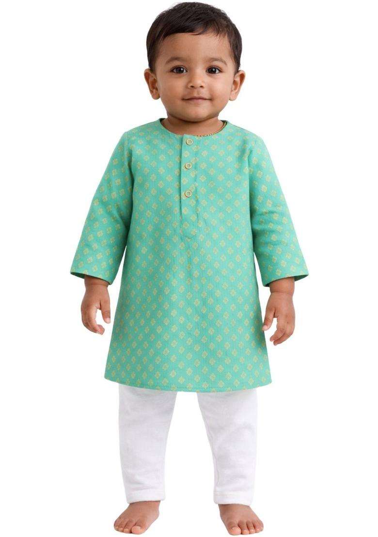 Green Woven Design Silk Kurta Set For Boys - Indya
