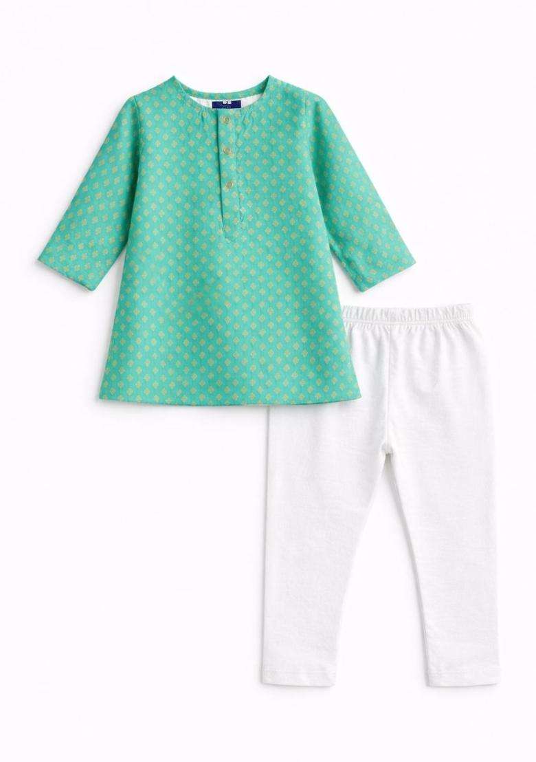 Green Woven Design Silk Kurta Set For Boys - Indya