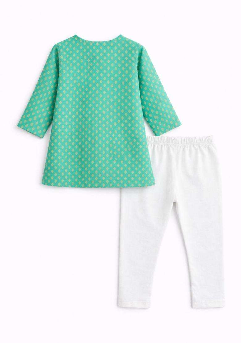 Green Woven Design Silk Kurta Set For Boys - Indya