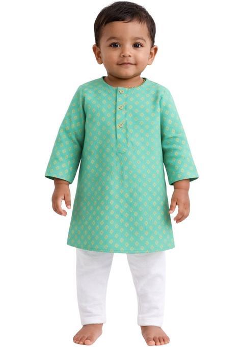 Green Woven Design Silk Kurta Set For Boys — view on Indya
