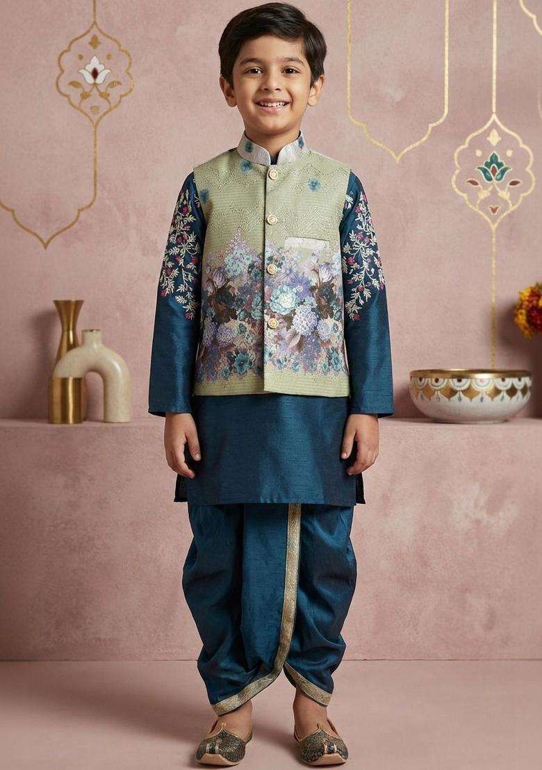 Teal Printed Silk Kurta Set For Boys - Indya