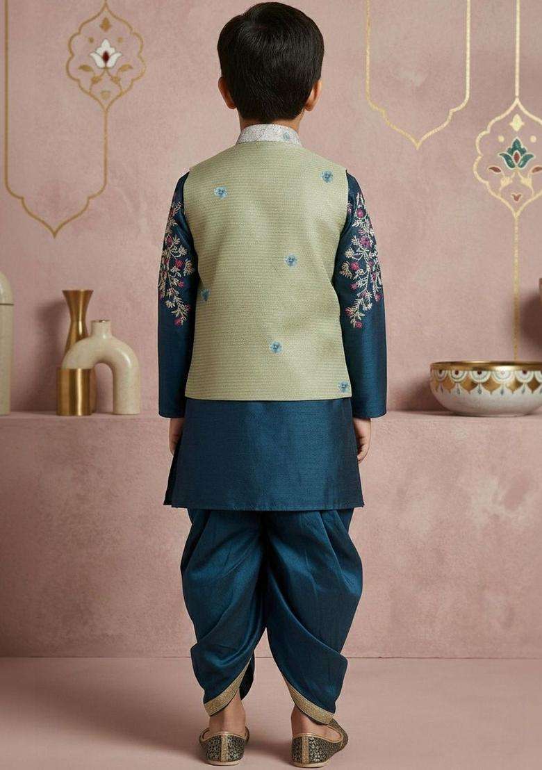 Teal Printed Silk Kurta Set For Boys - Indya