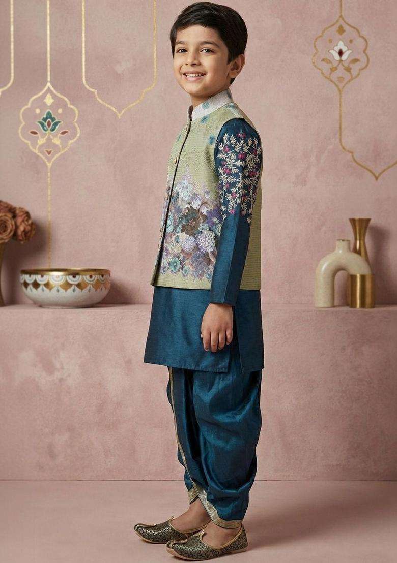 Teal Printed Silk Kurta Set For Boys - Indya
