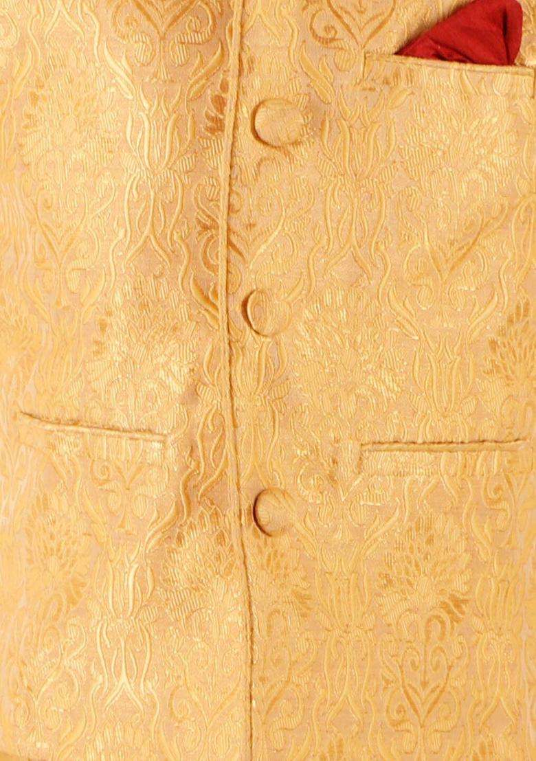 Gold Solid Silk Kurta Set For Boys - Indya