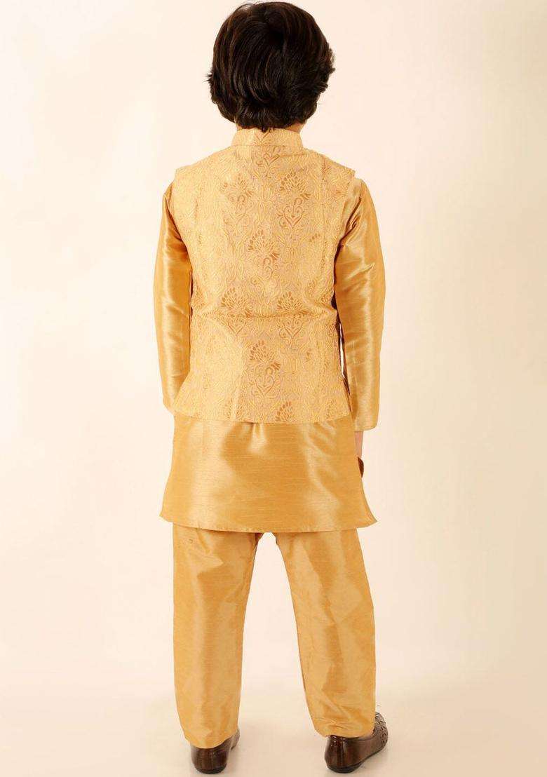Gold Solid Silk Kurta Set For Boys - Indya
