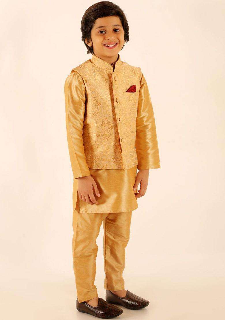 Gold Solid Silk Kurta Set For Boys - Indya