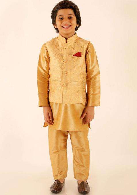 Gold Solid Silk Kurta Set For Boys