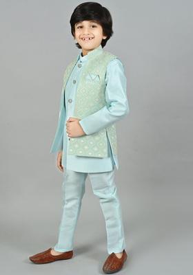 Turquoise Blue Solid Silk Kurta Set For Boys