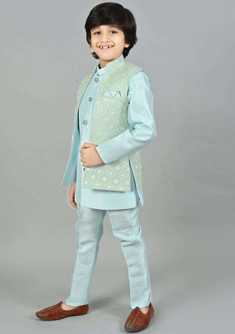 Turquoise Blue Solid Silk Kurta Set For Boys - Indya