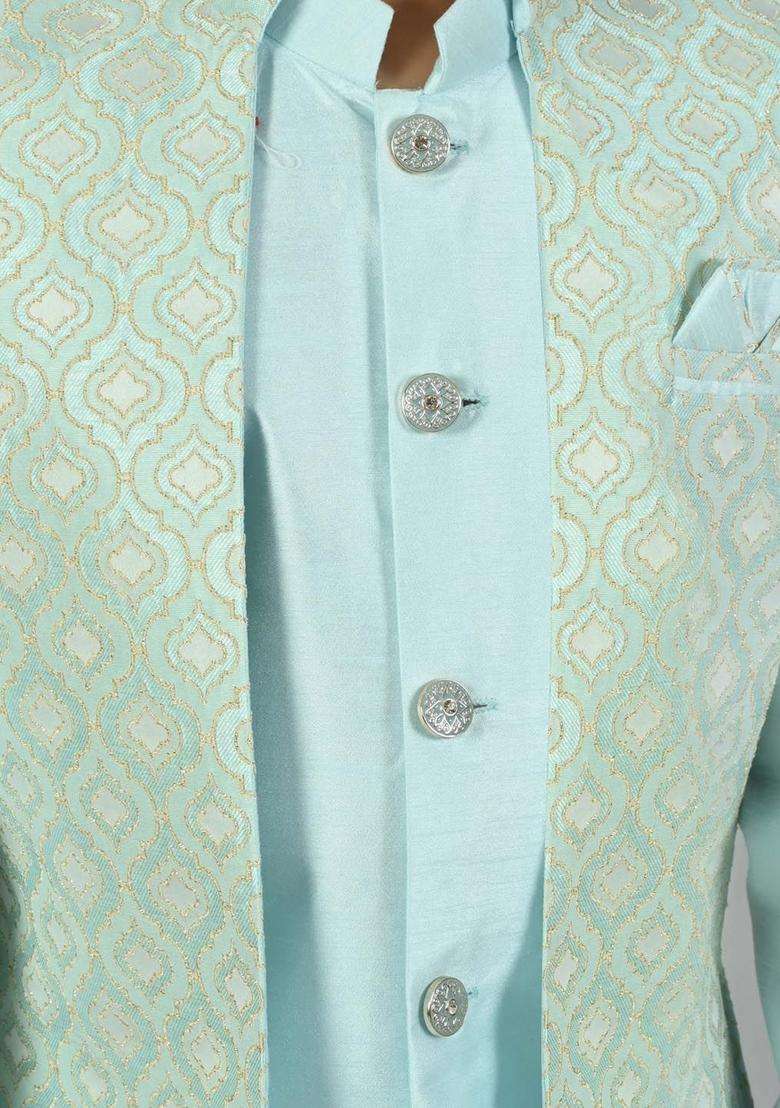 Turquoise Blue Solid Silk Kurta Set For Boys - Indya