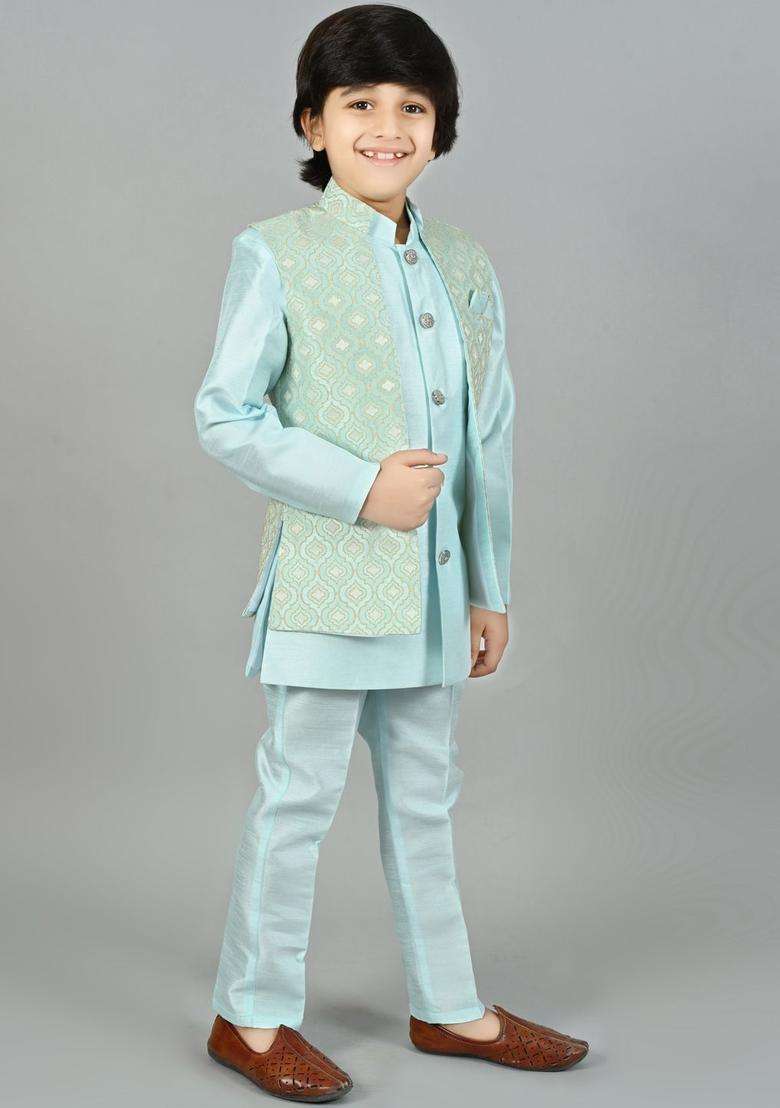 Turquoise Blue Solid Silk Kurta Set For Boys - Indya