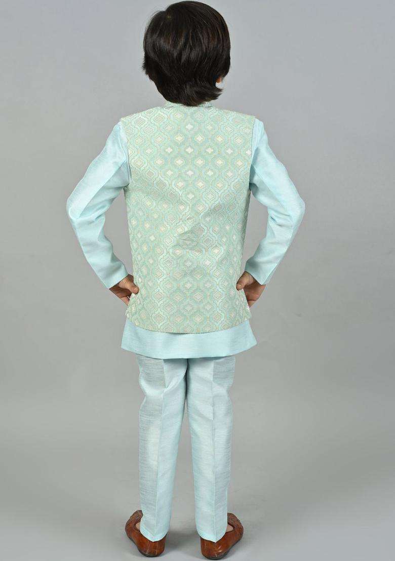 Turquoise Blue Solid Silk Kurta Set For Boys - Indya