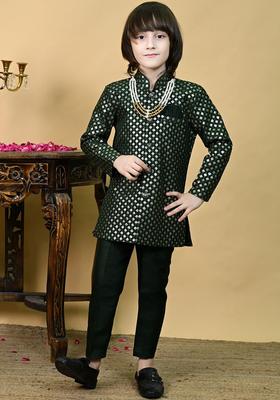 Green Embroidered Viscose Kurta Set For Boys
