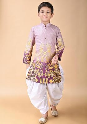 Purple Embroidered Viscose Kurta Set For Boys