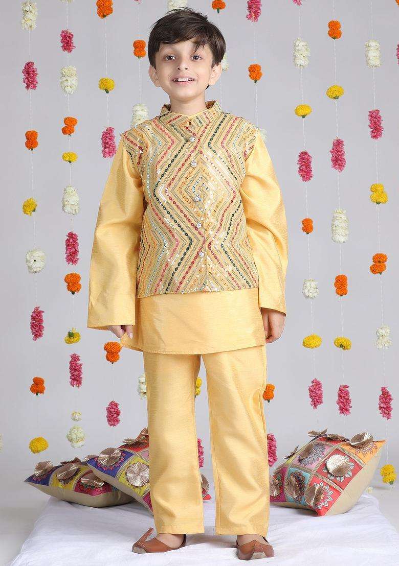 Mustard Embroidered Georgette Kurta Set For Boys - Indya