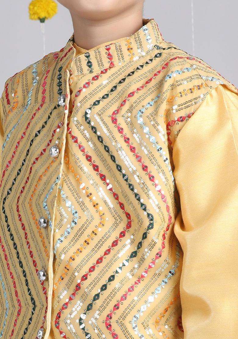 Mustard Embroidered Georgette Kurta Set For Boys - Indya
